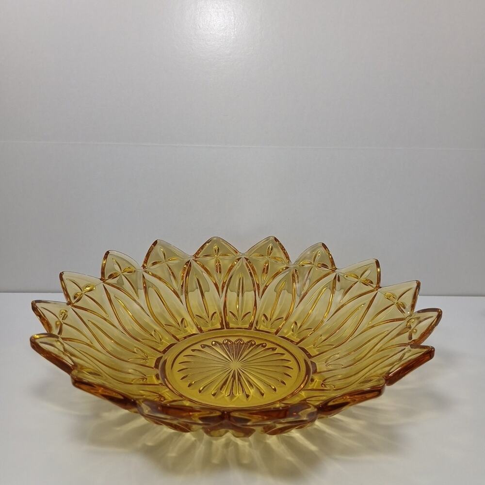 Vintage Federal Glass Flower Sunflower Petal Bowl Large Yellow Amber - Picture 7 of 16